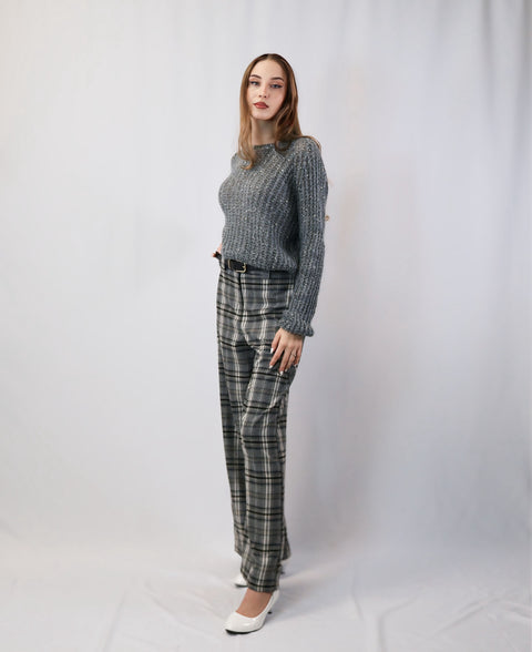 Grey plaid trousers styled with a glitter mohair sweater — Italian designer checkered pants women, ITALICA Boutique Sarasota lifestyle styling