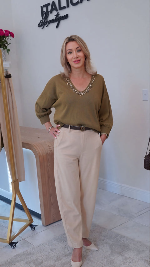 Knitted sweater with rhinestones with Soft fabric pants — ITALICA Boutique Sarasota lifestyle