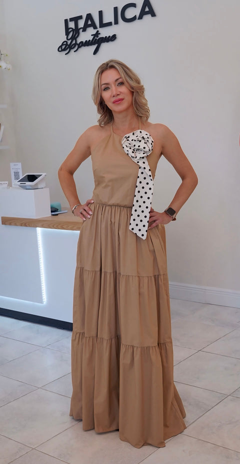 100% cotton sundress in beige and black by Tensione In, made in Italy