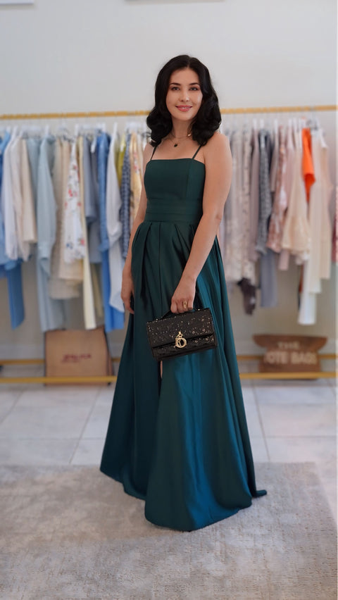 Green and navy corset-bodice evening gown by Rinascimento, made in Italy