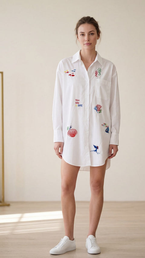 White cotton oversized shirt dress with colorful nautical embroidery