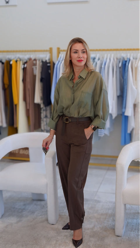 Lightweight oversized green shirt by J-clair, ITALICA Boutique Sarasota
