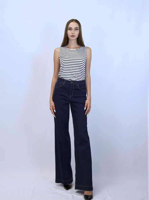 Striped T-shirt Barbara Alvisi with Classic wide straight jeans — ITALICA Boutique Sarasota lifestyle