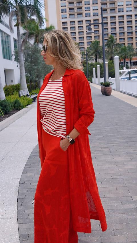 Long open-knit cotton duster cardigan with jacquard fish motif