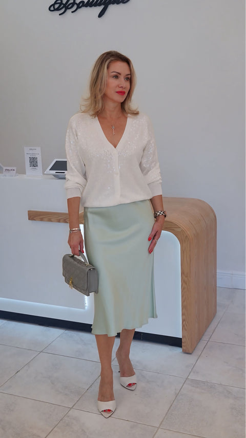 Mint satin midi skirt by VICOLO, ITALICA Boutique Sarasota